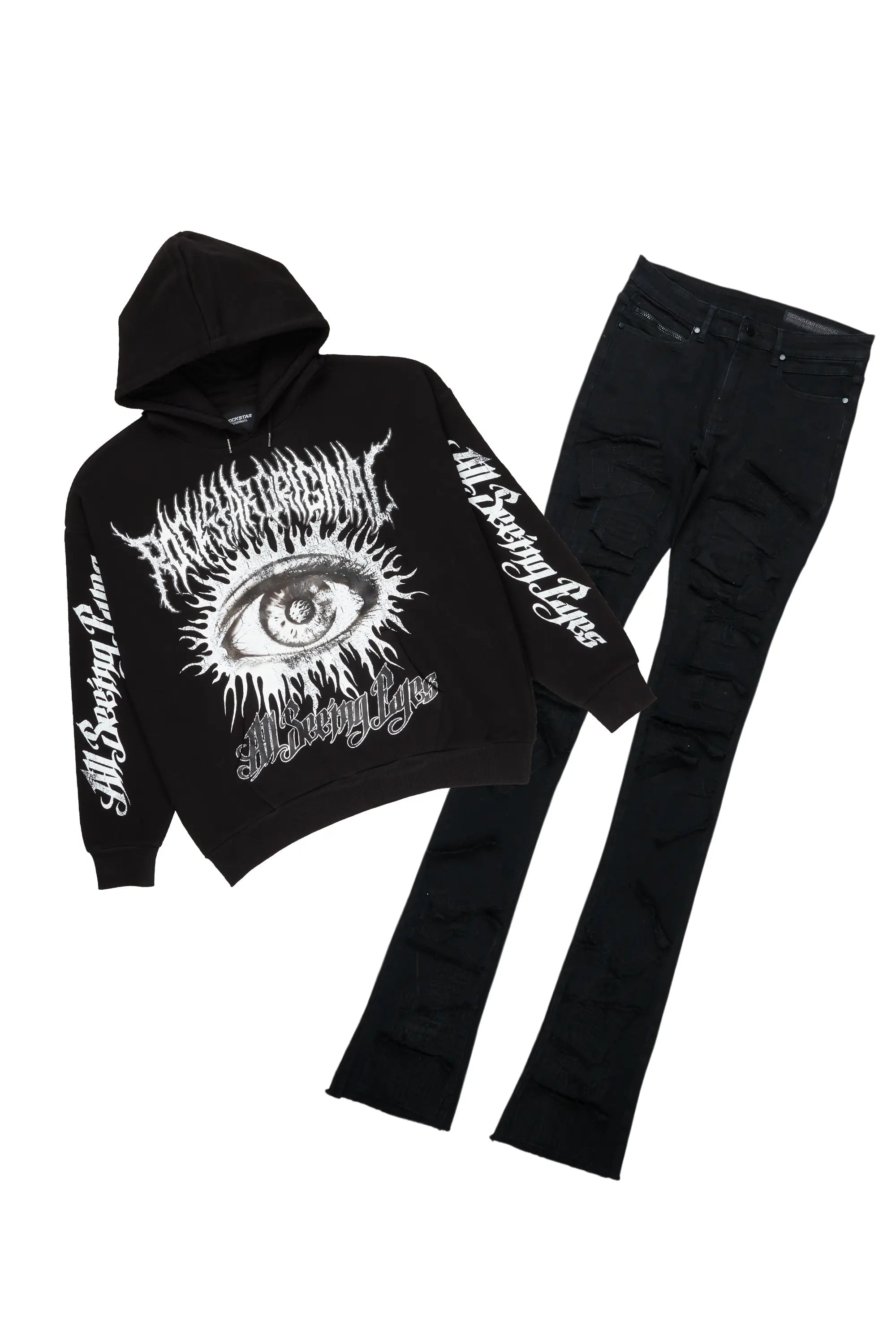 All Seeing Eyes Black Hoodie & Camden Super Stacked Flare Jean Bundle Cclassic Men's Tweed