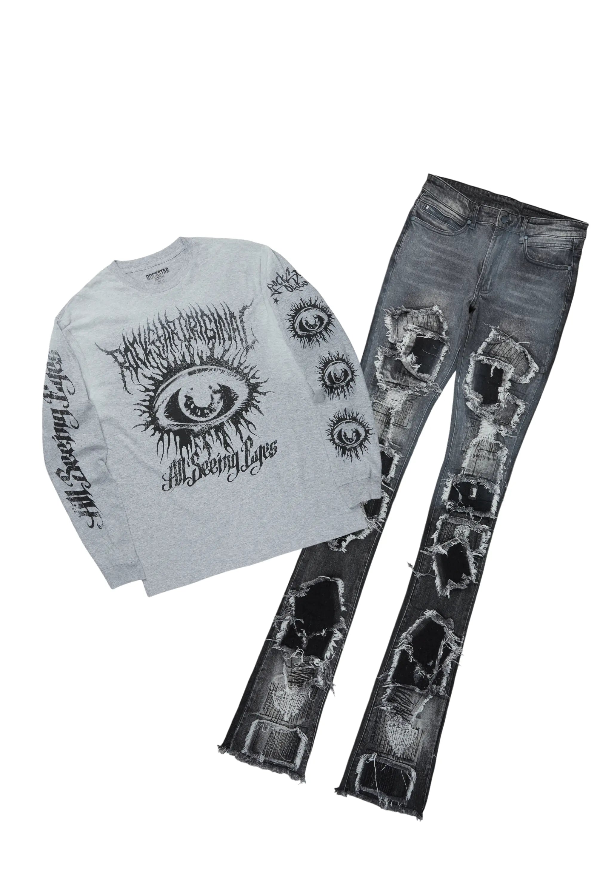 All Seeing Eyes Grey Long Sleeve T-Shirt & Camden Super Stacked Flare Jean Bundle Bohemian Men's Free