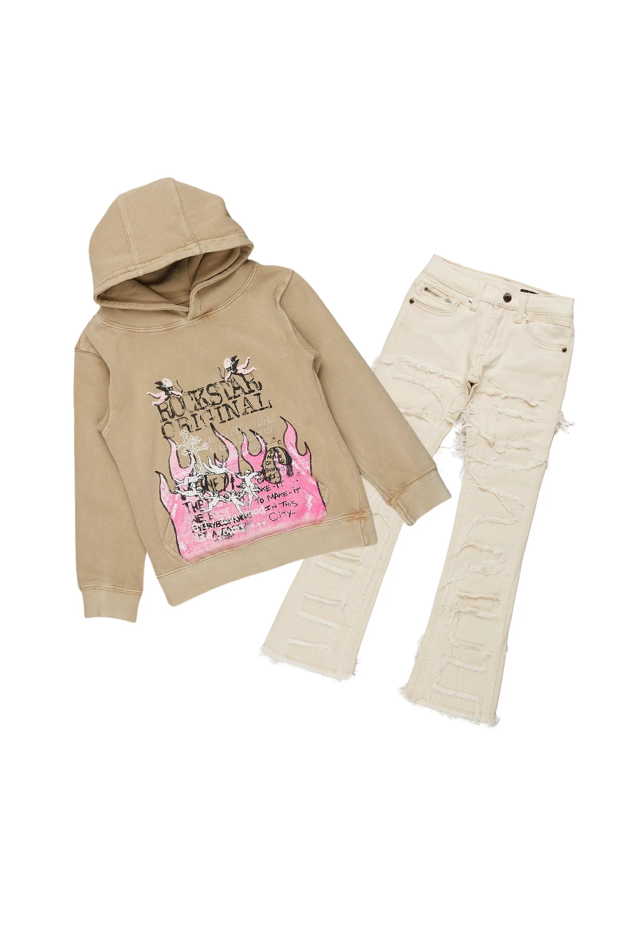 Girls Leira Vintage Beige Hoodie/Stacked Flare Jean Set Dynamic Men's Glow