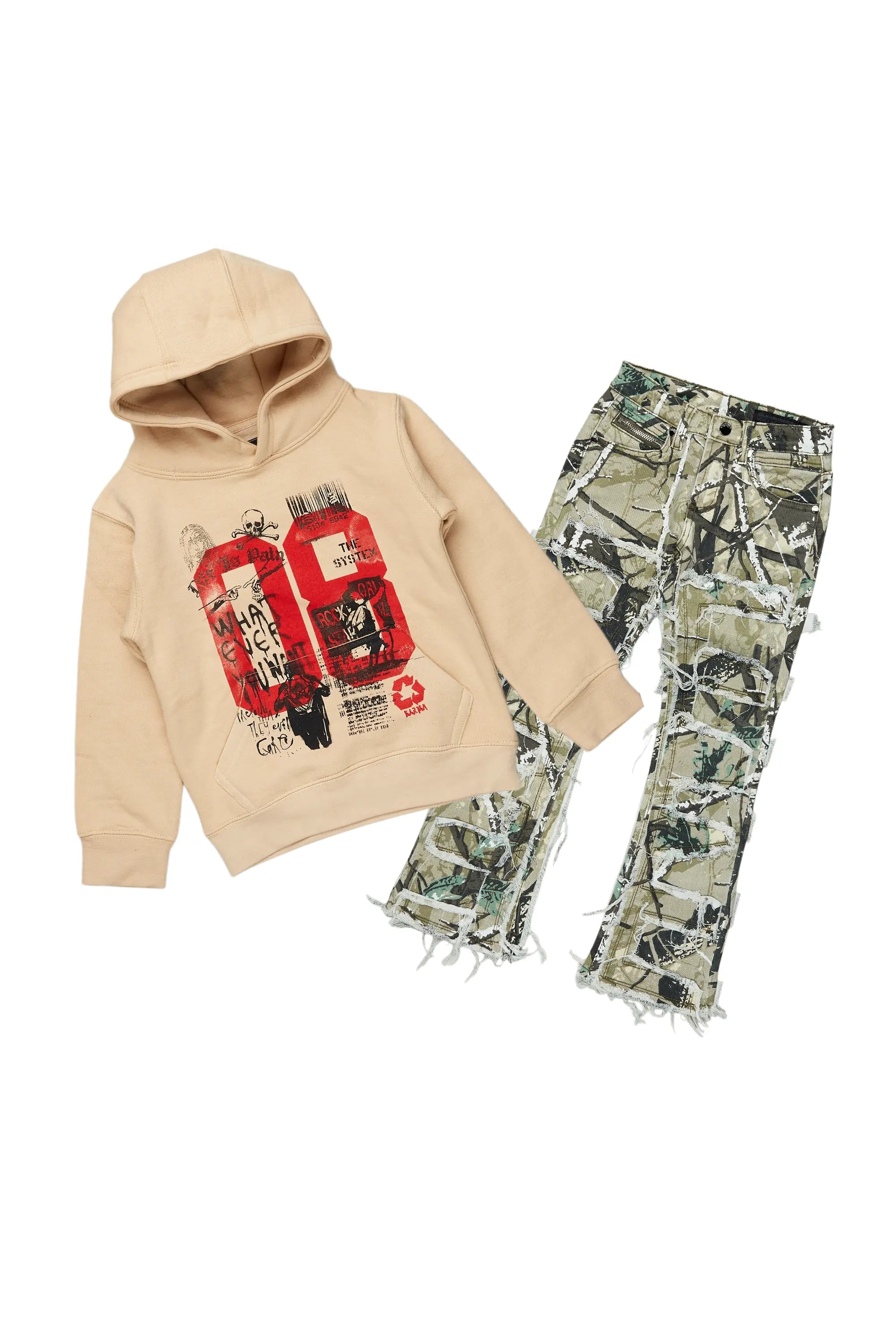 Girls Kammy Beige/Tree Camo Hoodie/Stacked Flare Jean Set Practical Men's Multi