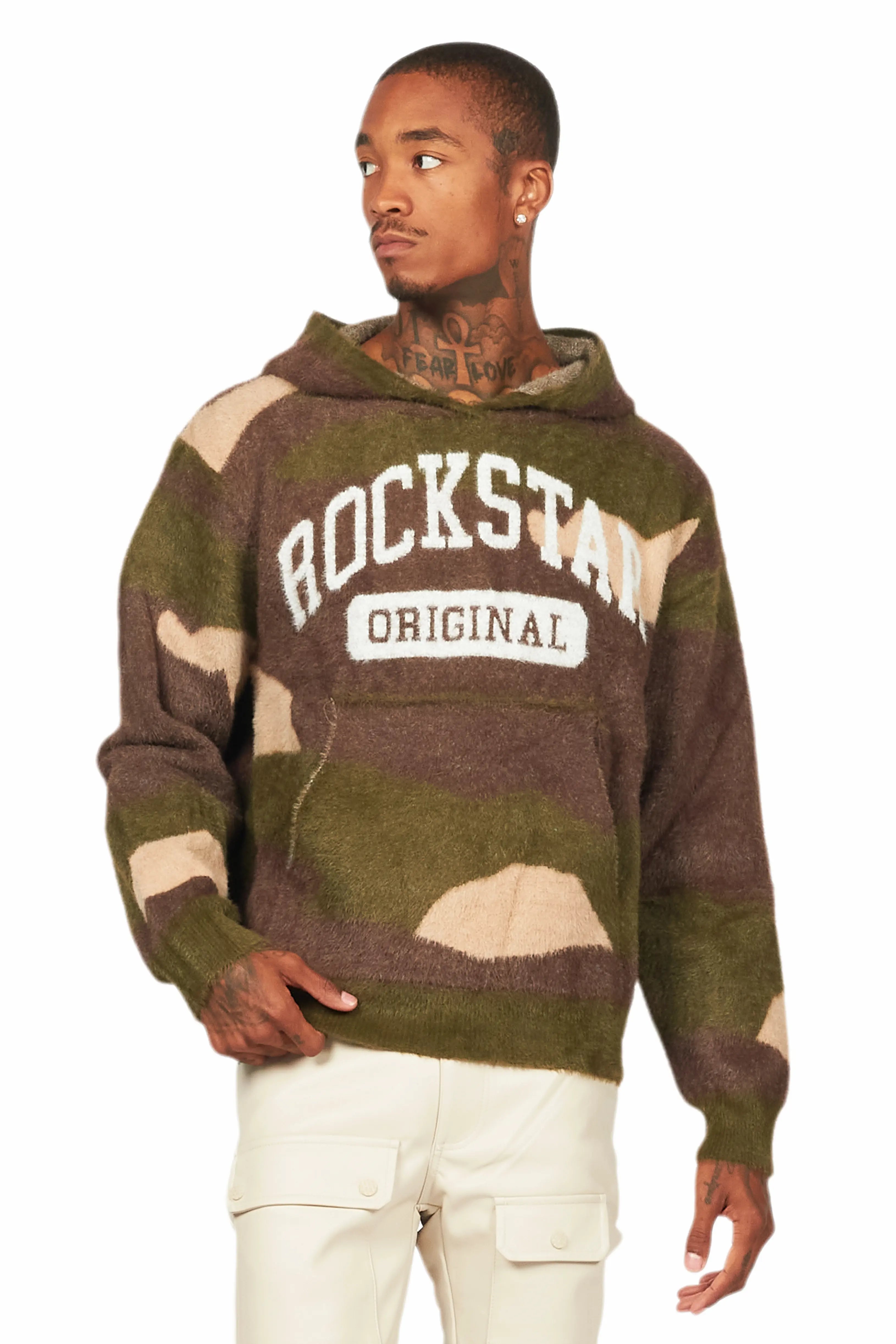 Damodar Green Camo Knitted Mohair Hoodie Cozy Men's Sherpa