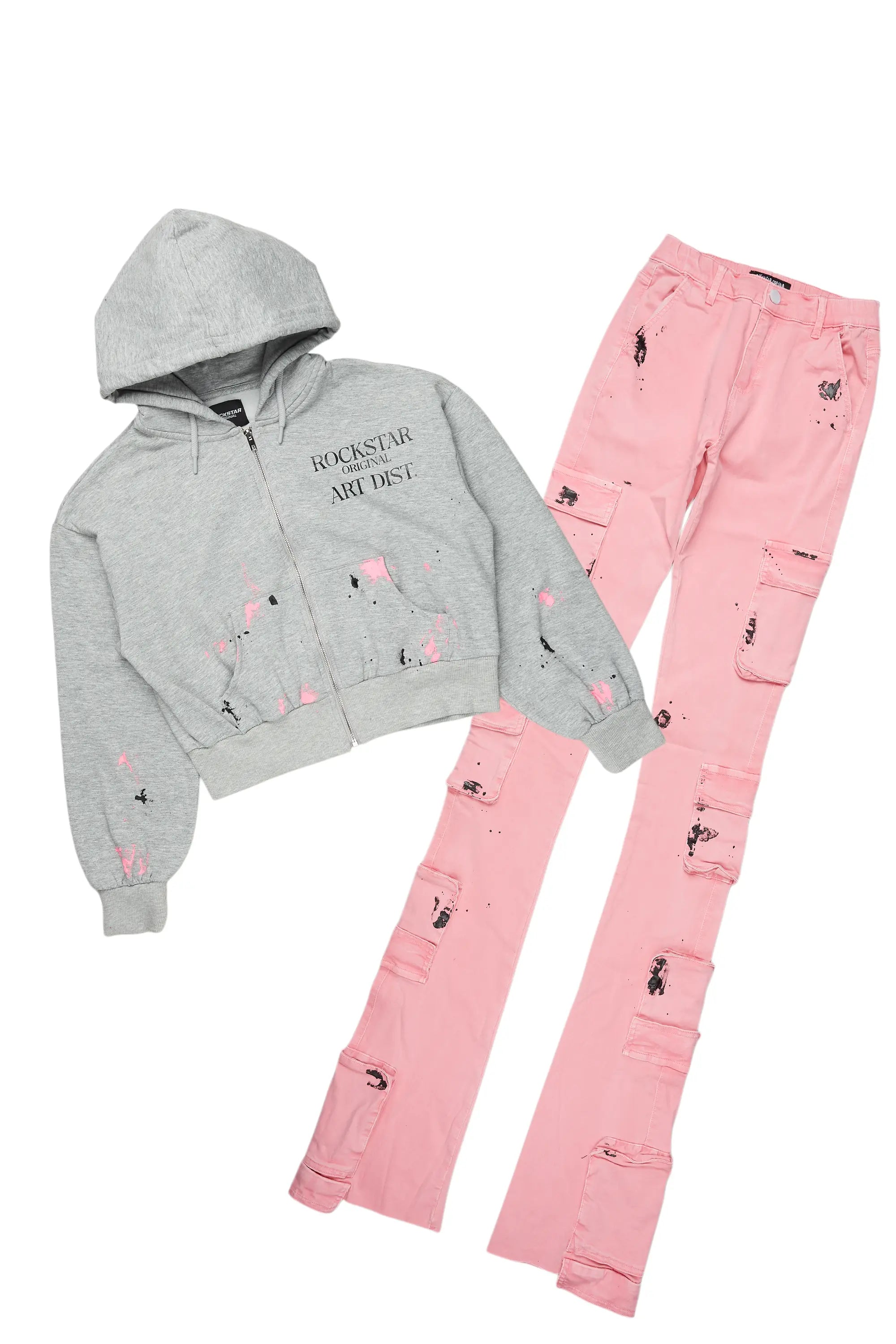 Kelony Grey/Pink Hoodie/Super Stacked Jean Set Trendy Men's Oversized