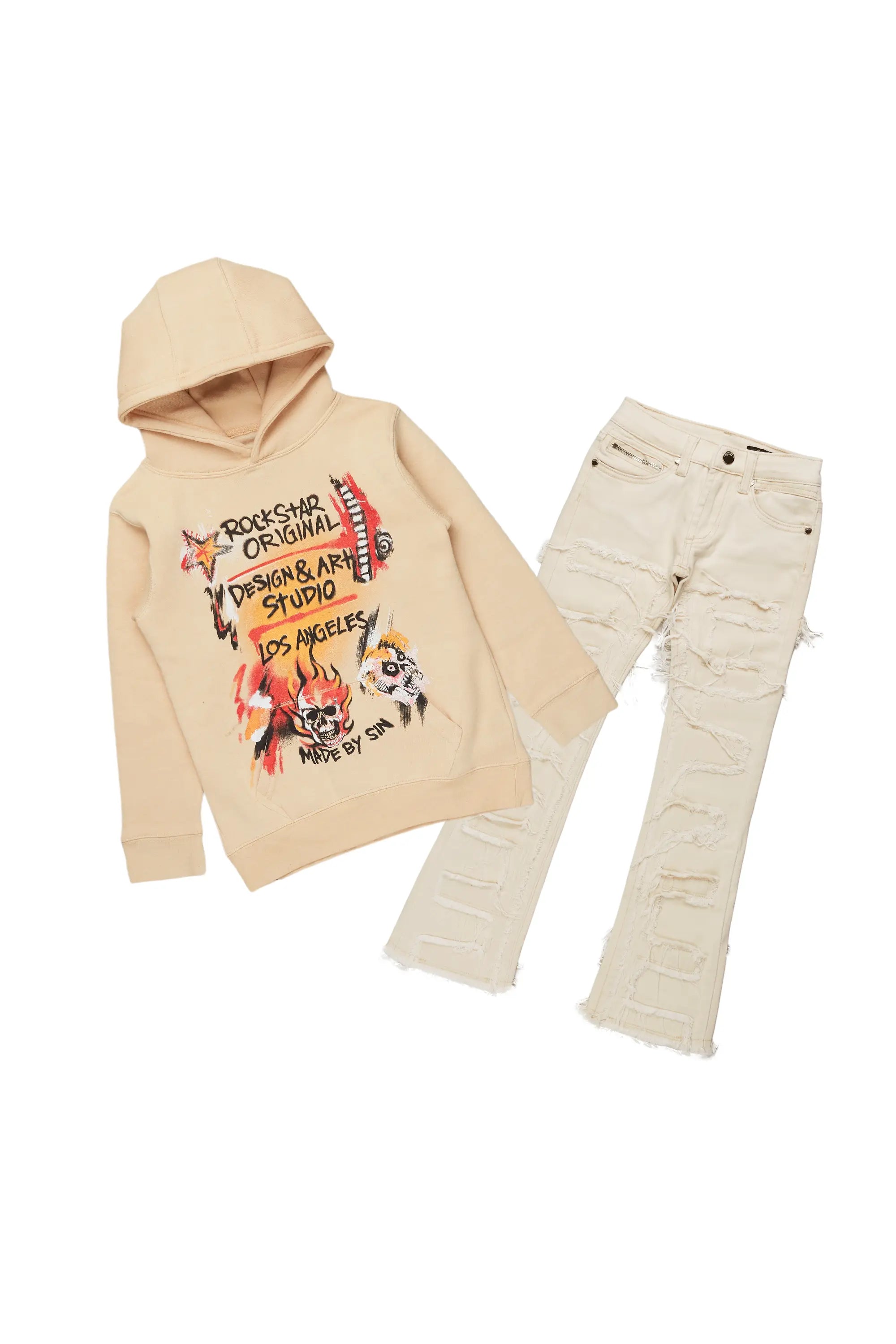 Boys Soweto Beige Hoodie/Stack Flare Jean Set Masculine Men's Thick