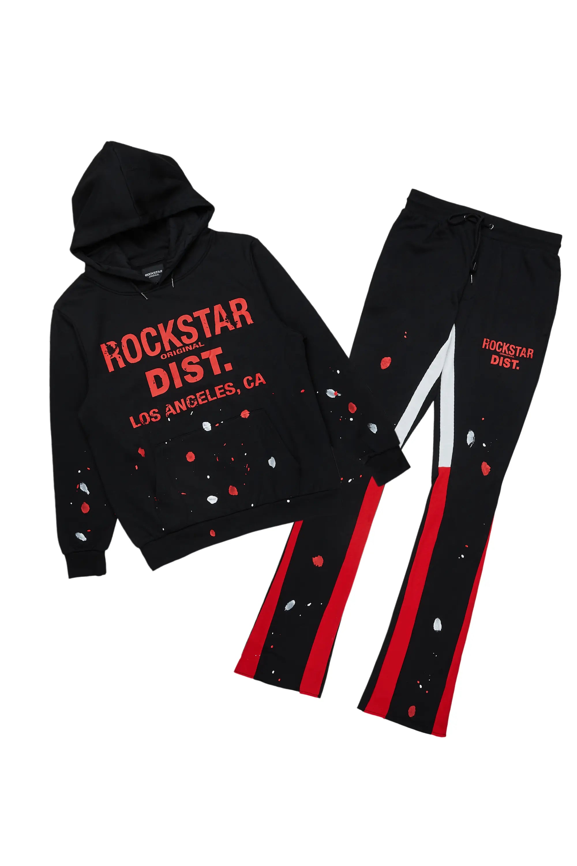 Scottie Black/Red Paint Splatter Hoodie/Stacked Flare Pant Set Luxurious Men's High