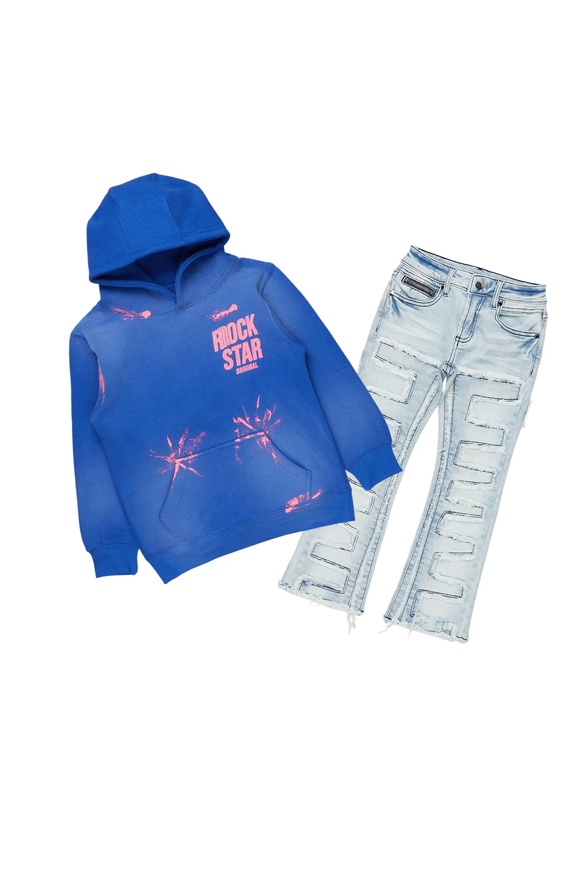 Boys Aiden Royal Blue Hoodie/Stacked Flare Jean Set Tough Men's Military