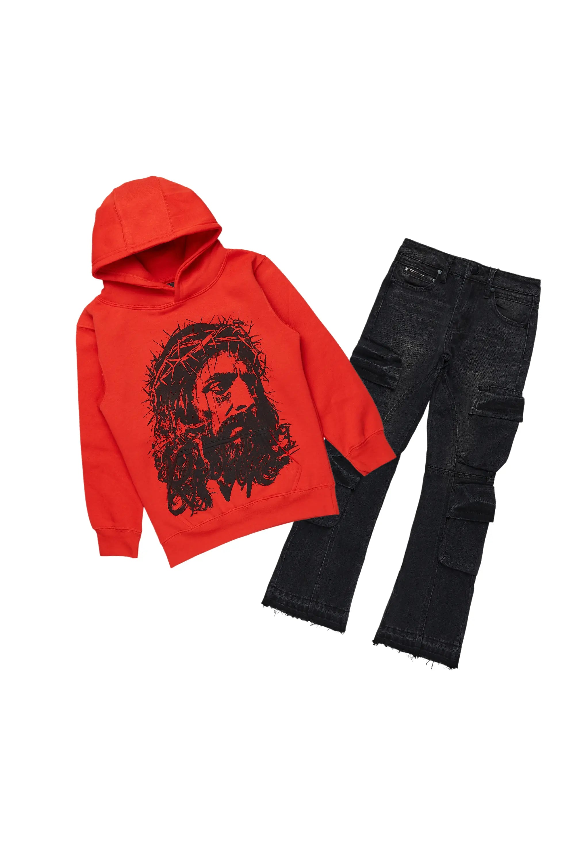 Boys Bedros Red/Black Hoodie/Stacked Flare Jean Set Stylish Men's Neon