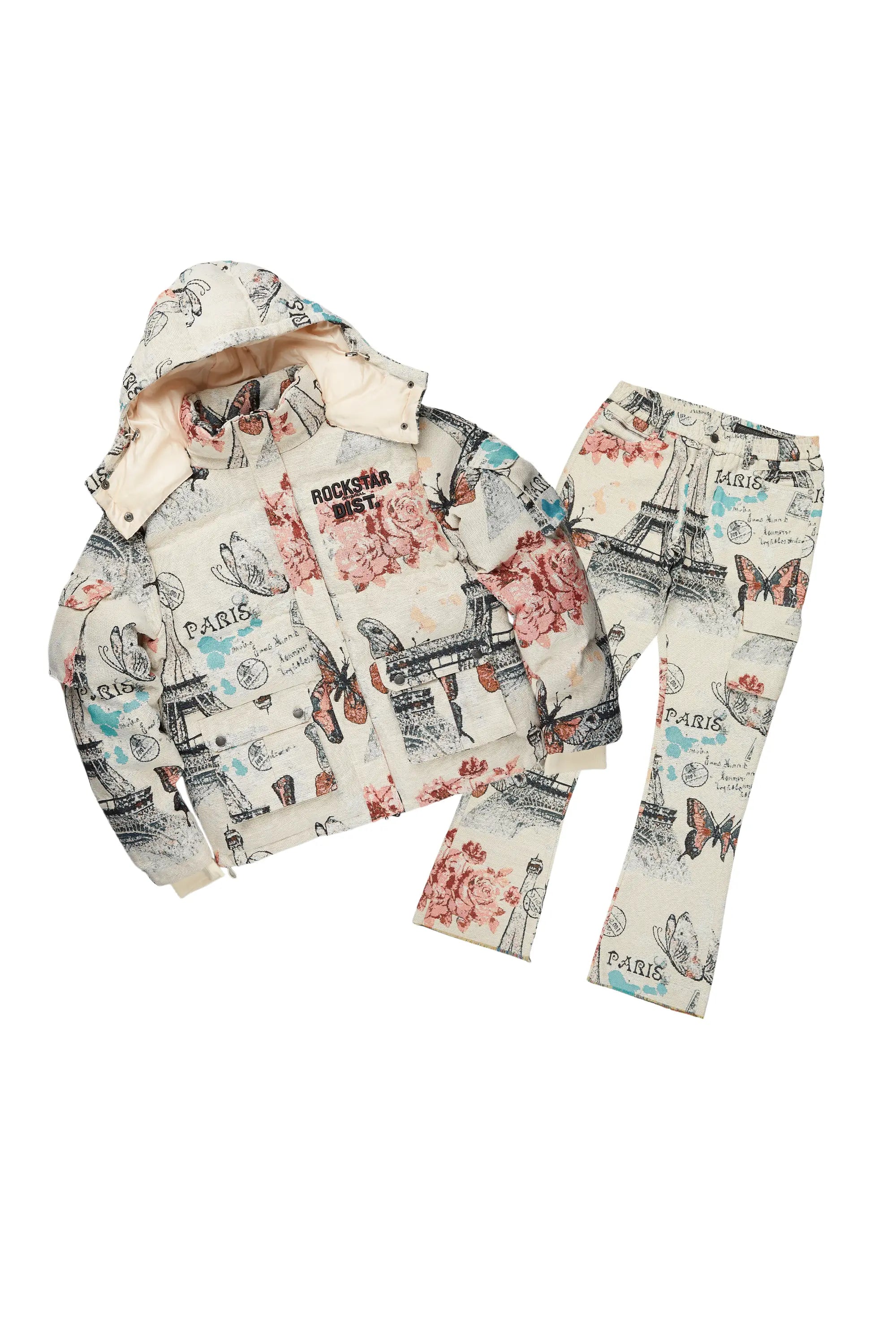 Girls Lamia Beige Multi Tapestry Puffer Jacket/Flare Jean Set Trendy Men's Bucket