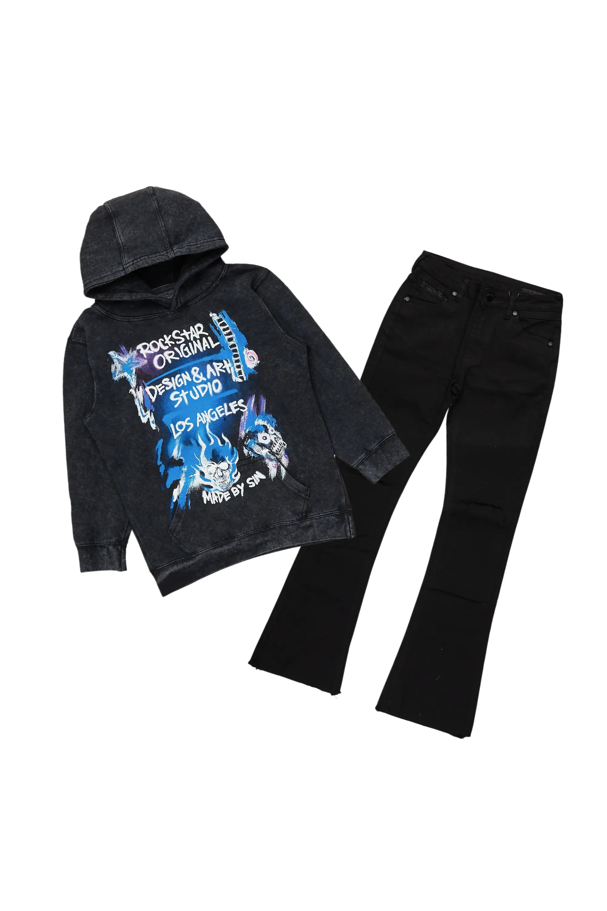 Boys Soweto Vintage Black Hoodie/Stacked Flare Jean Set Business