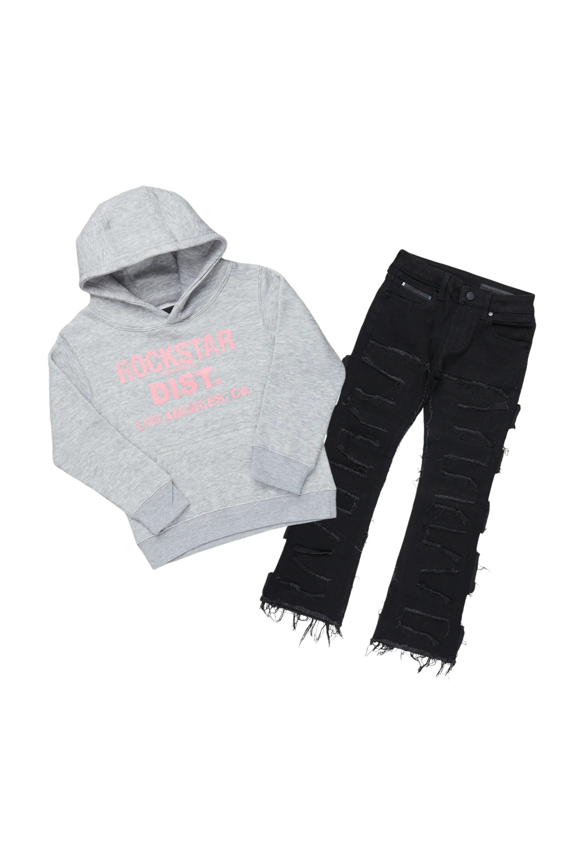 Girls Janny Grey/Black Hoodie/Stacked Flare Jean Set Artistic Men's Hand