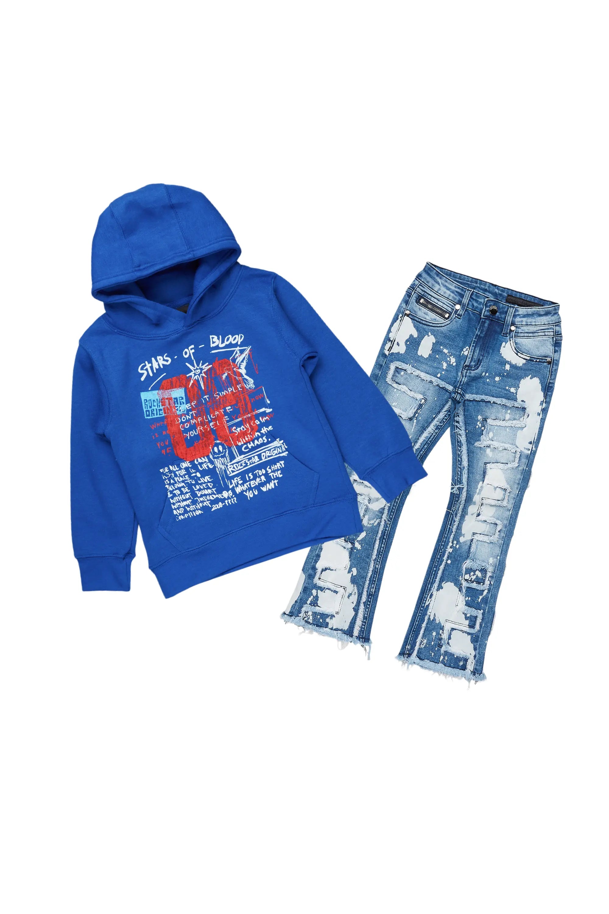 Boys Gabin Royal Blue Hoodie/Stacked Flare Jean Set Stylish Men's Neon