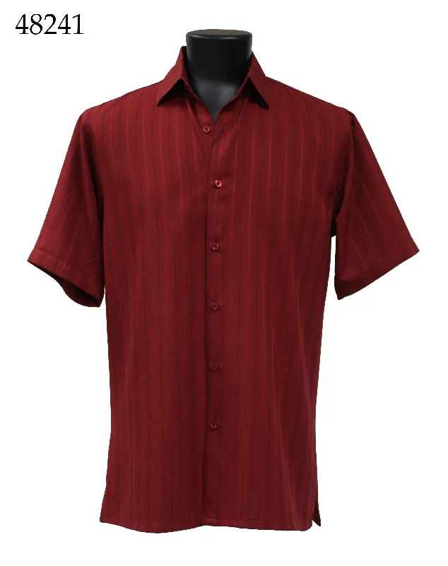 Bassiri Short Sleeve Button Down Casual Tone on Tone Men's Shirt - Shadow Stripe Pattern Burgundy #48241