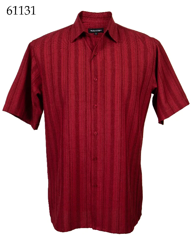 Bassiri Short Sleeve Button Down Casual Tone on Tone Men's Shirt - Shadow Stripe Pattern Red #61131