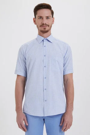 Classic Fit Short Sleeve Checked Cotton Blend Dress Shirt, Blue K. 2