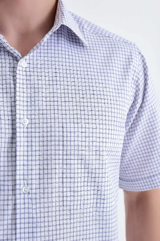 Classic Fit Short Sleeve Checked Cotton Dress Shirt, Navy K.