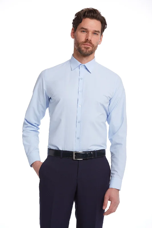 Comfort Fit Long Sleeve Plain Cotton Blend Dress Shirt, Light. Blue