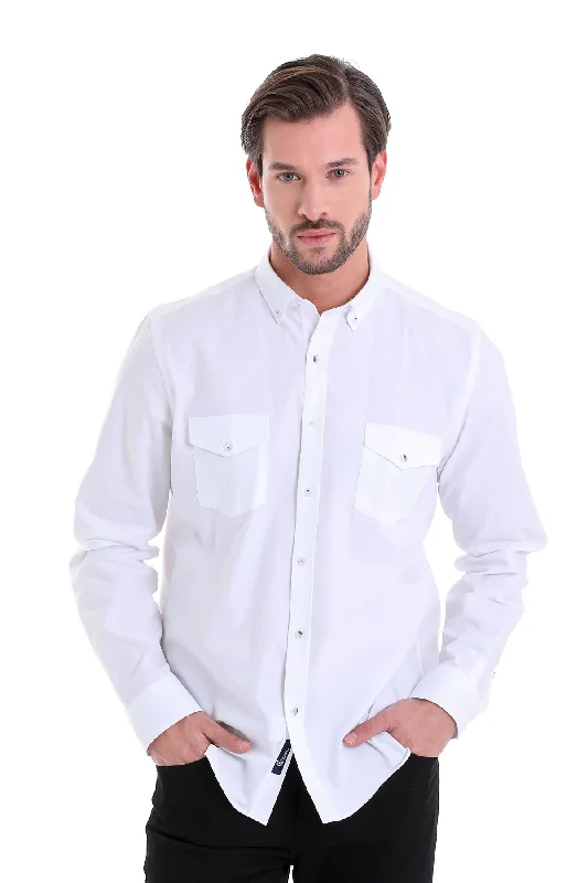 Comfort Fit Long Sleeve Plain Cotton Casual Shirt, White