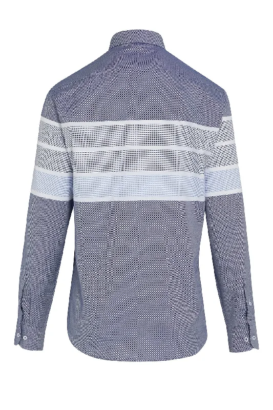 Dynamic Fit Long Sleeve Striped Cotton Blend Casual Shirt, Navy