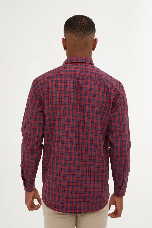 Regular Fit Long Sleeve Checked Cotton Casual Shirt, Burgundy K.