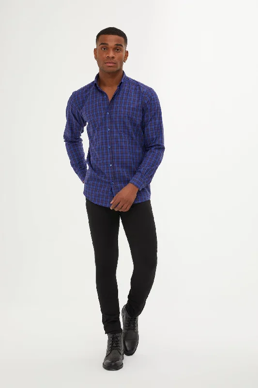 Regular Fit Long Sleeve Checked Cotton Casual Shirt, Navy K.