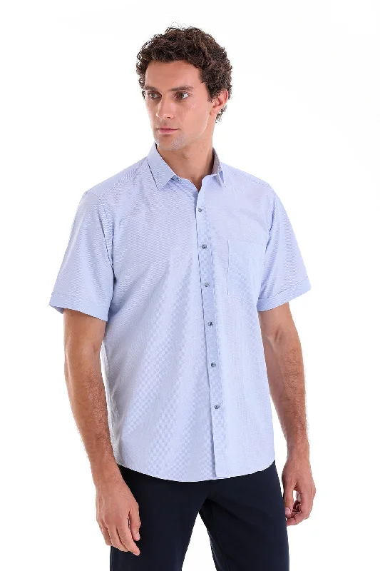 Regular Fit Short Sleeve Checked Cotton Blend Dress Shirt, Blue K.