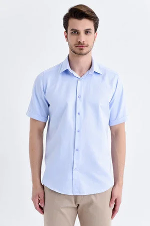 Regular Fit Short Sleeve Patterned Cotton Blend Dress Shirt, Ice Blue D.