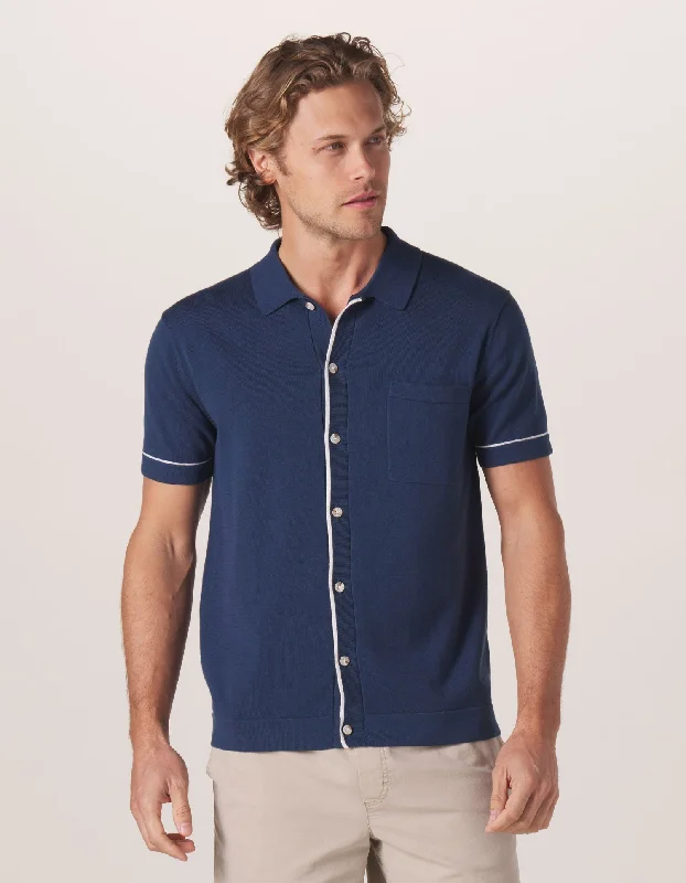 Robles Knit Short Sleeve Button Down Navy/White