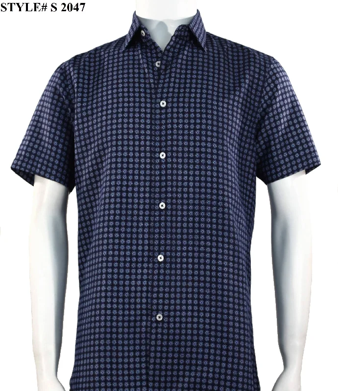 Sangi Short Sleeve Button Down Printed Men's Shirt - Circle Pattern Navy #S 2047