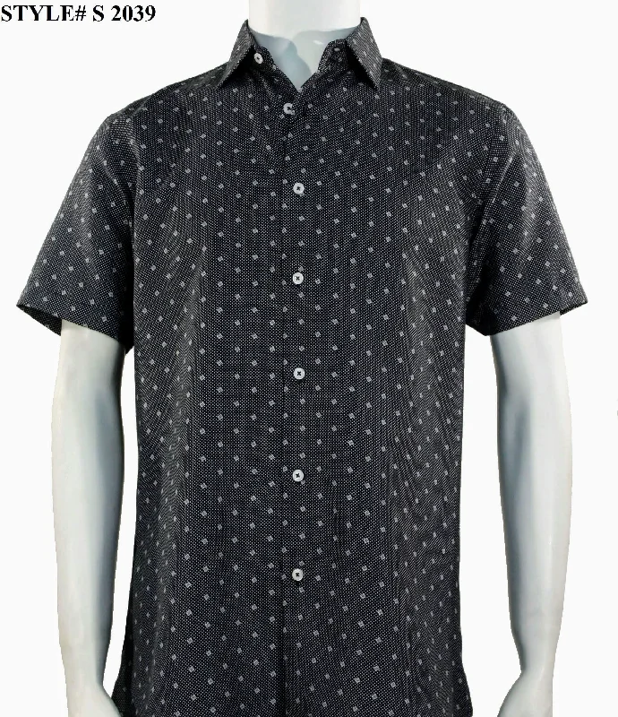 Sangi Short Sleeve Button Down Printed Men's Shirt - Diamonds Pattern Black #S 2039