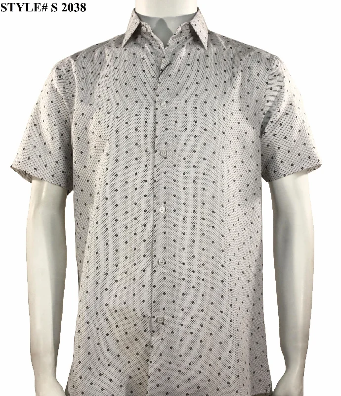 Sangi Short Sleeve Button Down Printed Men's Shirt - Diamonds Pattern White #S 2038