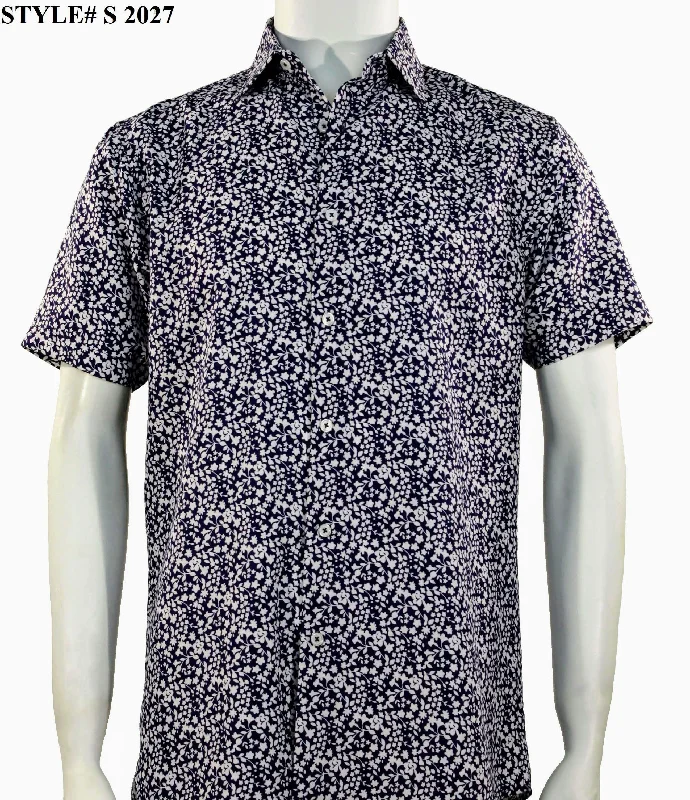 Sangi Short Sleeve Button Down Printed Men's Shirt - Floral Pattern Navy #S 2027