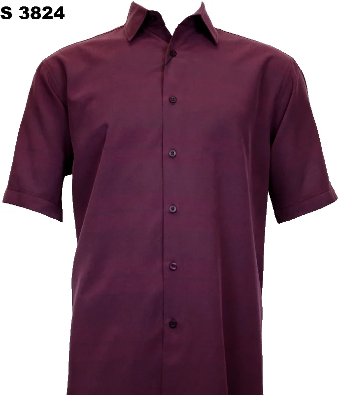 Sangi Short Sleeve Button Down Tone on Tone Men's Shirt - Horizontal Line Pattern Plum #S 3824