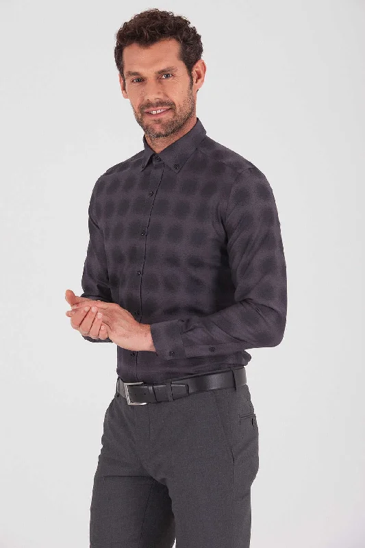 Slim Fit Long Sleeve Patterned Cotton Casual Shirt, Charcoal D.