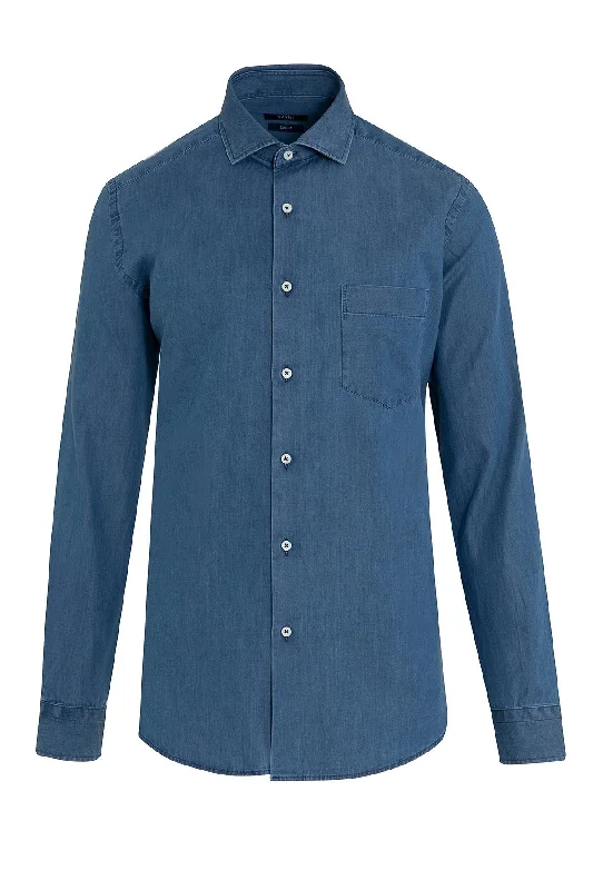 Slim Fit Long Sleeve Patterned Cotton Casual Shirt, Denim 1