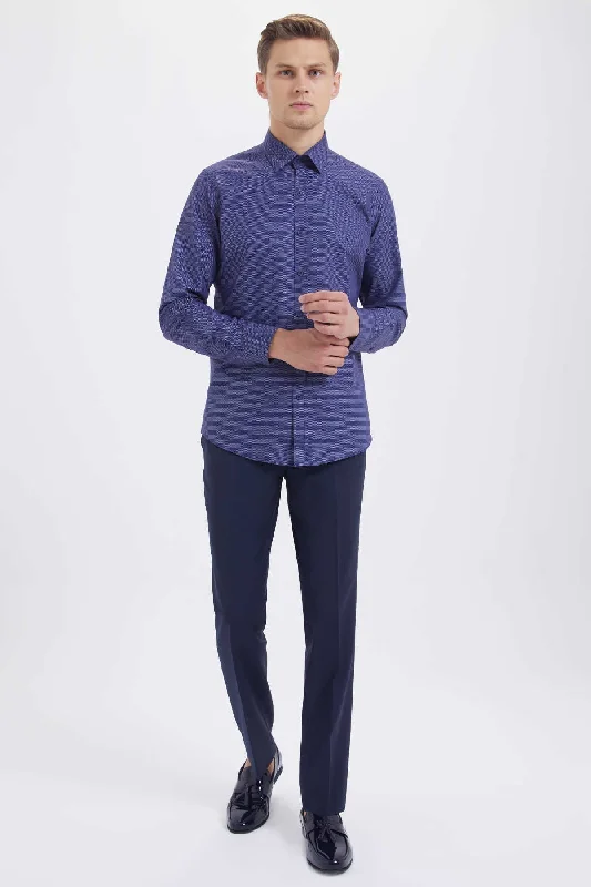 Slim Fit Long Sleeve Patterned Cotton Dress Shirt, Dark Navy D.