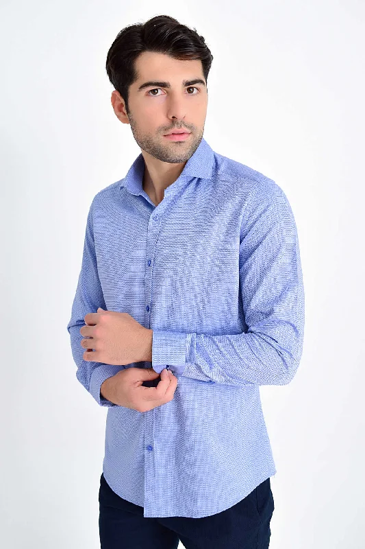 Slim Fit Long Sleeve Patterned Cotton Dress Shirt, Light Navy D.