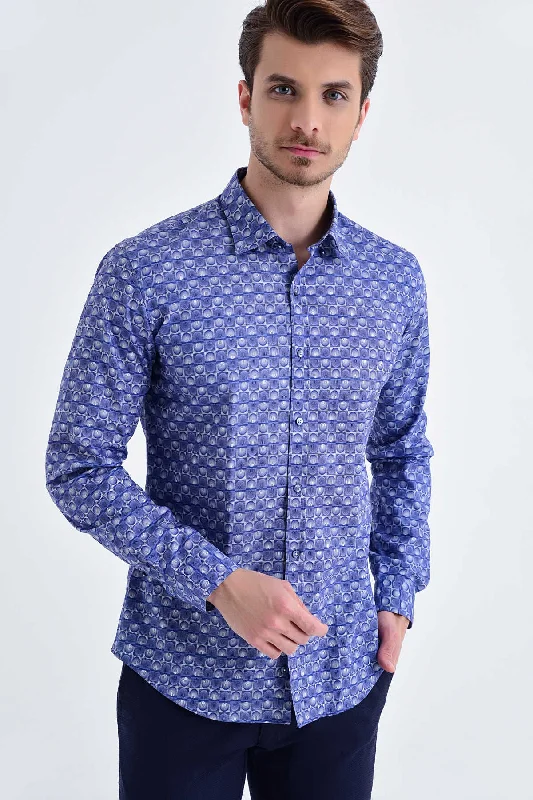 Slim Fit Long Sleeve Patterned Cotton Dress Shirt, Navy B.