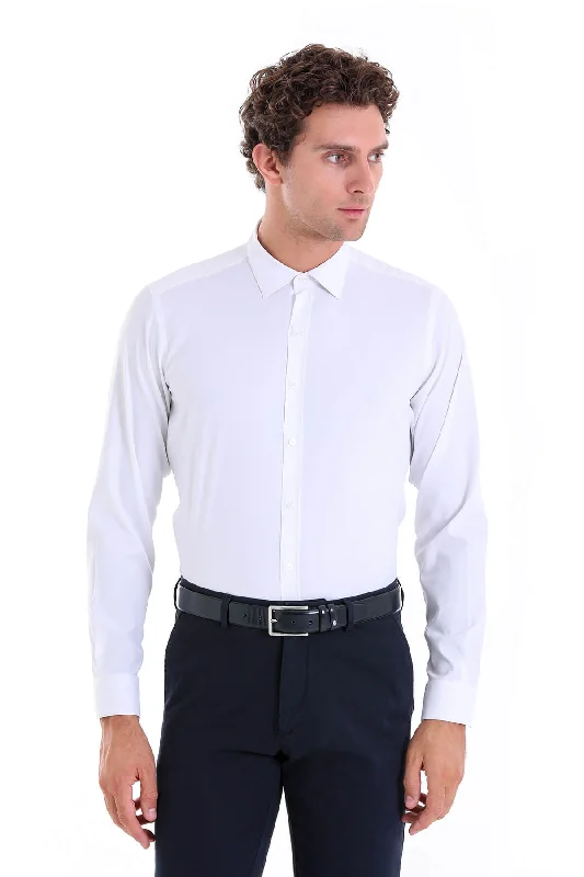 Slim Fit Long Sleeve Plain Casual Shirt, White