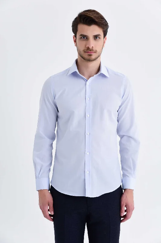 Slim Fit Long Sleeve Plain Cotton Blend Dress Shirt, Ice Blue