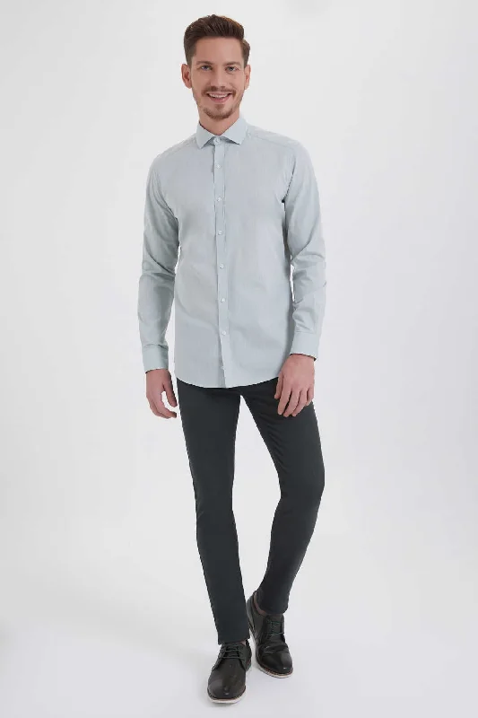 Slim Fit Long Sleeve Plain Cotton Casual Shirt, Green Water