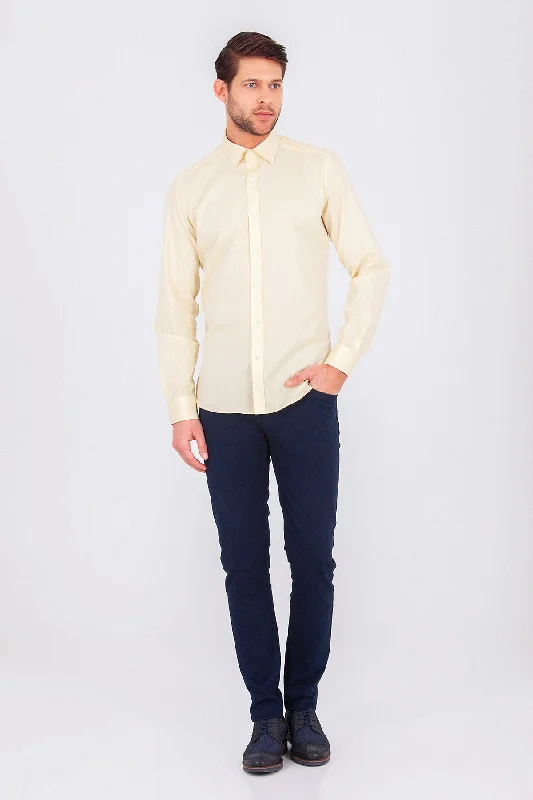 Slim Fit Long Sleeve Plain Cotton Casual Shirt, Yellow 4