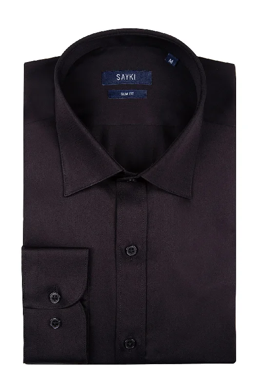 Slim Fit Long Sleeve Plain Cotton Dress Shirt, Black