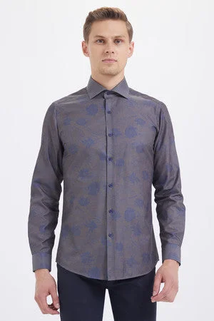 Slim Fit Long Sleeve Printed Cotton Blend Casual Shirt, Brown B.