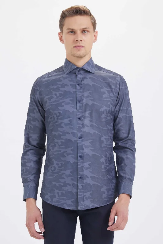 Slim Fit Long Sleeve Printed Cotton Blend Casual Shirt, Gray B.