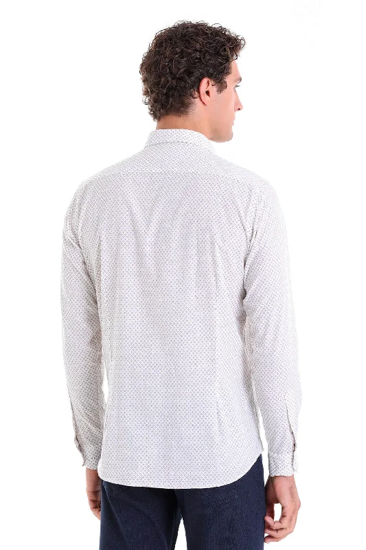 Slim Fit Long Sleeve Printed Cotton Casual Shirt, Beige B.