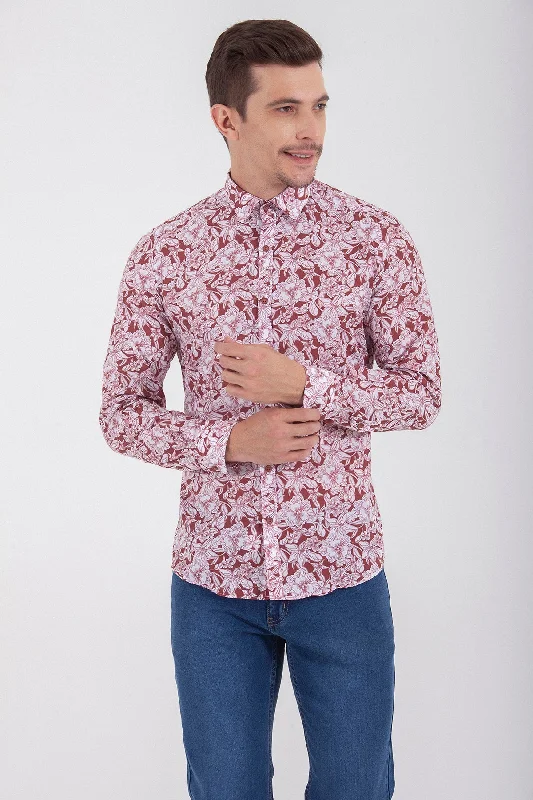 Slim Fit Long Sleeve Printed Cotton Casual Shirt, Burgundy B