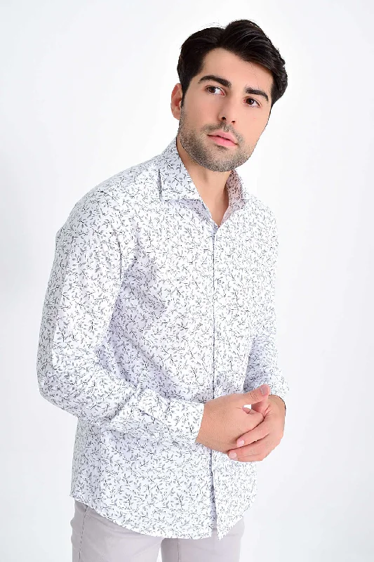 Slim Fit Long Sleeve Printed Cotton Casual Shirt, Gray B.1