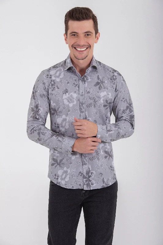 Slim Fit Long Sleeve Printed Cotton Casual Shirt, Gray B.