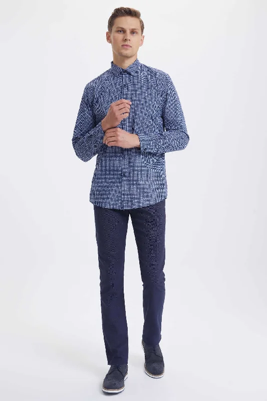 Slim Fit Long Sleeve Printed Cotton Casual Shirt, Navy B.