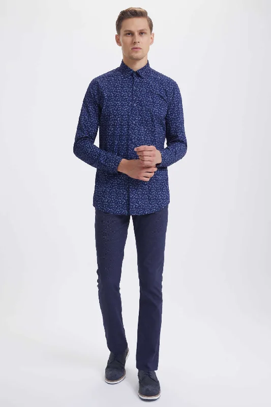 Slim Fit Long Sleeve Printed Cotton Casual Shirt, Navy B1