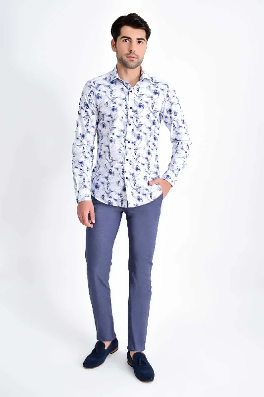 Slim Fit Long Sleeve Printed Cotton Casual Shirt, Navy B4